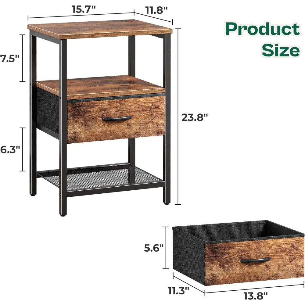 침대 옆 탁자 2개 세트, 패브릭 서랍이 있는 침대 옆 탁자, 메쉬 선반, 수납 공간이 있는 사이드 테이블, 패브릭 서랍장, 오픈형