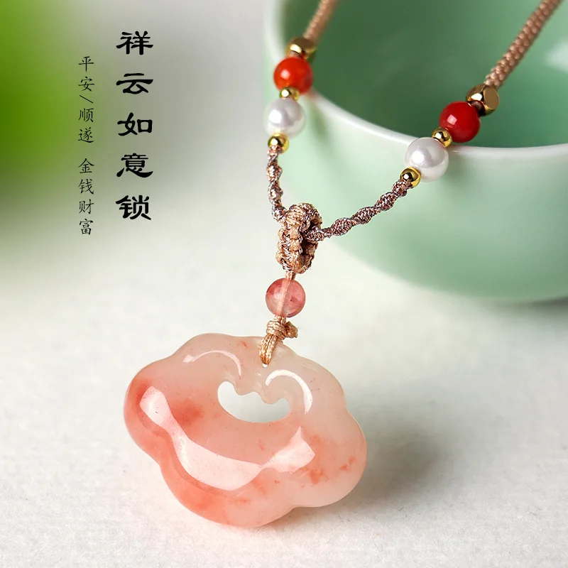 Chinese Style Auspicious Ruyi Lock Pendant Necklace Natural Tianshan Cui Gold Silk Jade Agate Pearl Blessing Good Luck Wealth
