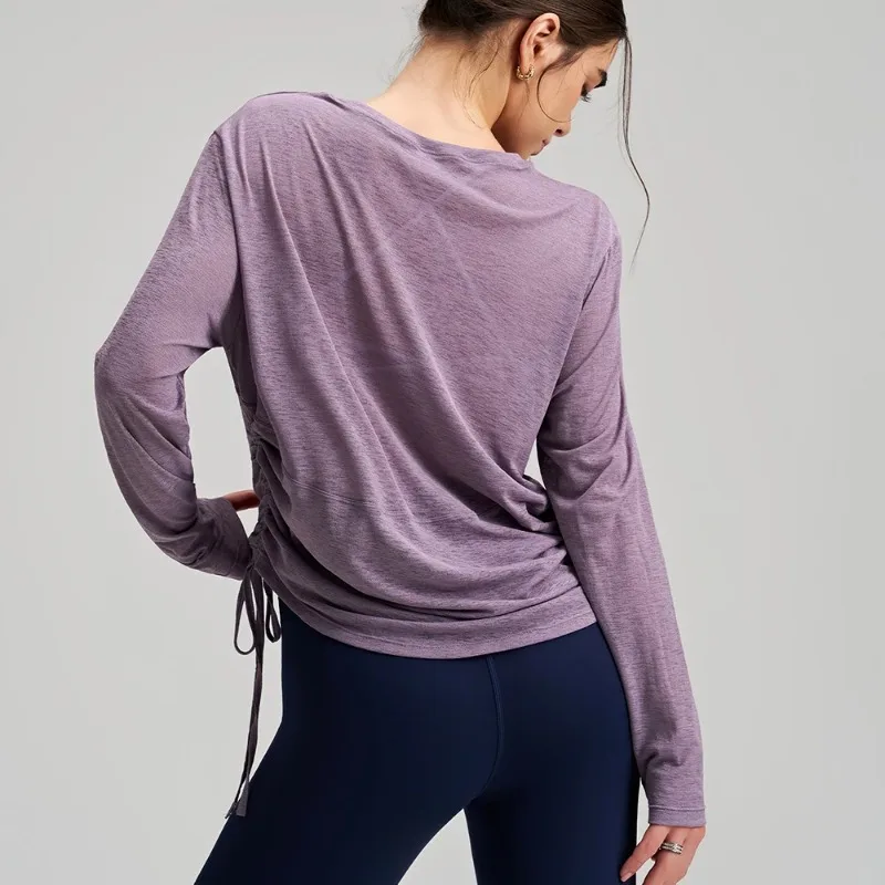 Women's Yoga Cover Up Shirt Long Sleeve, Drawstring Loose Fit Tunic, Breathable Round Neck Outerwear for Gym
