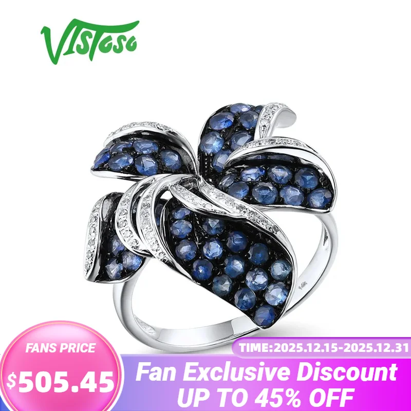 

VISTOSO Pure 14K 585 White Gold Ring For Women shining Diamond Blue Sapphire Flower Ring Wedding Engagement Elegant Fine Jewelry