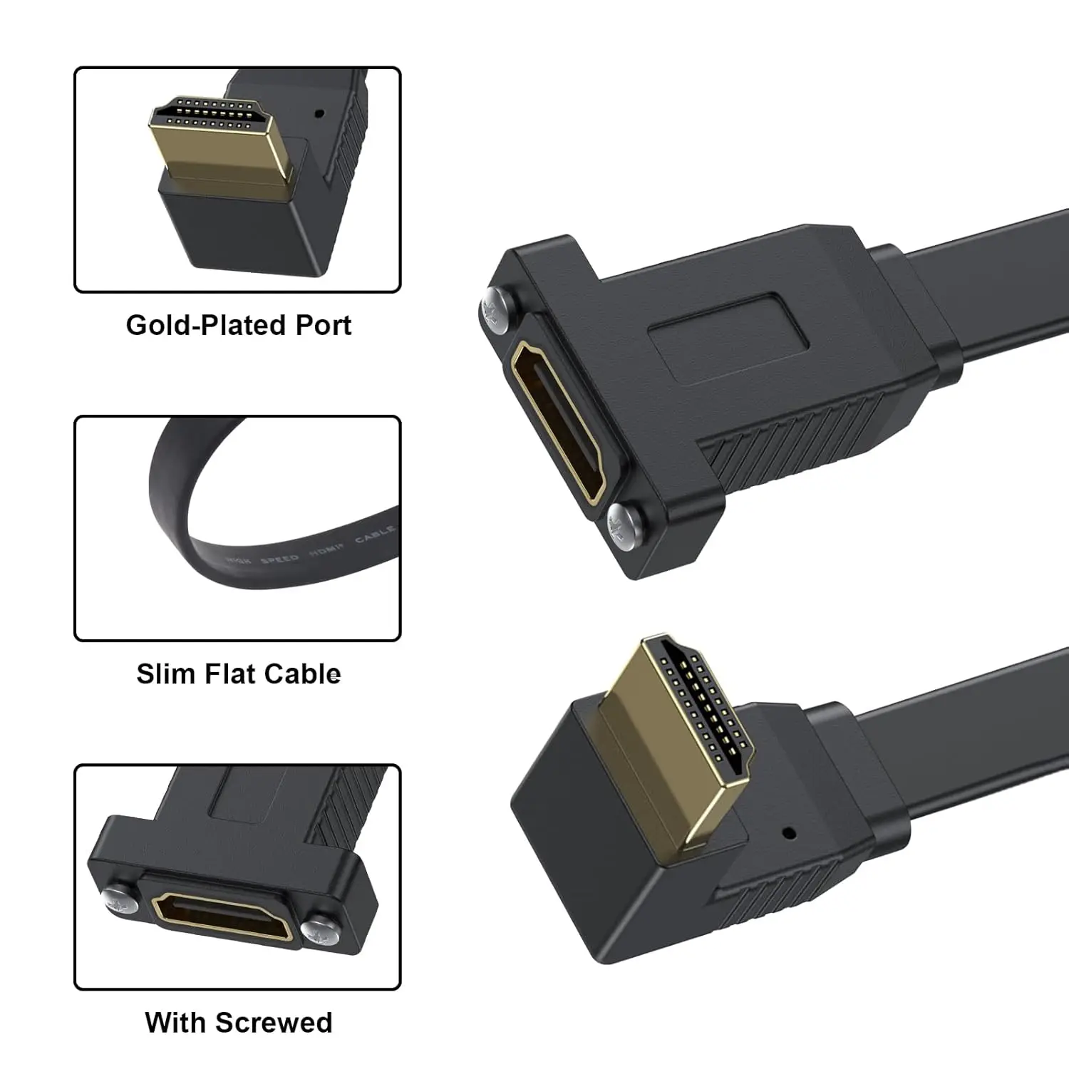 90 Degree Flat HDMI-compatible 2.0 male and female Extension Cable, With Screw Hole Panel Installation, High-speed 4K 60Hz