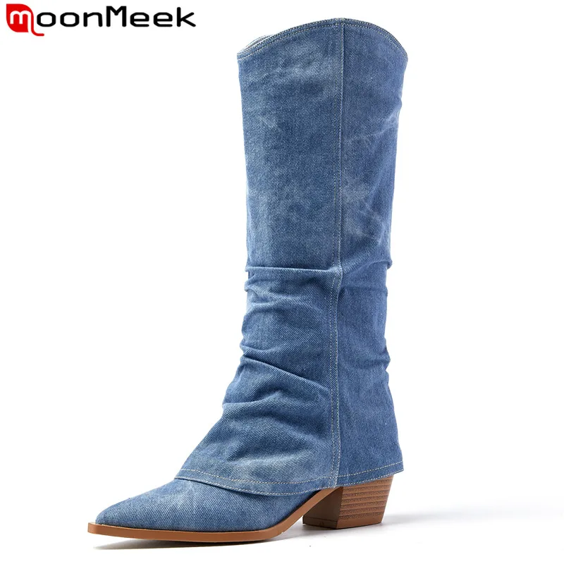 

MoonMeek 2023 Size 34-41 New Ladies Slip On Denim Mid Calf Boots Pointed Toe Winter Boots Women Thick High Heels Western Boots