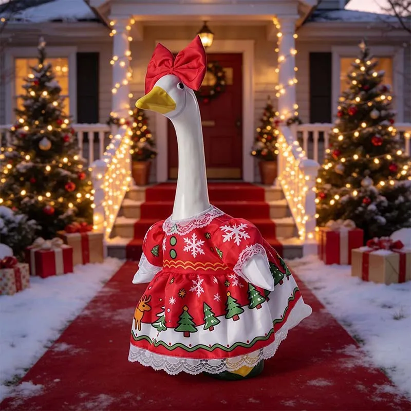 Christmas Costume Outfit for 23 Inch Goose Statue with Red Bow Lace Trim Decor Clothing Set for Lawn Yard Holiday Ornament Gift