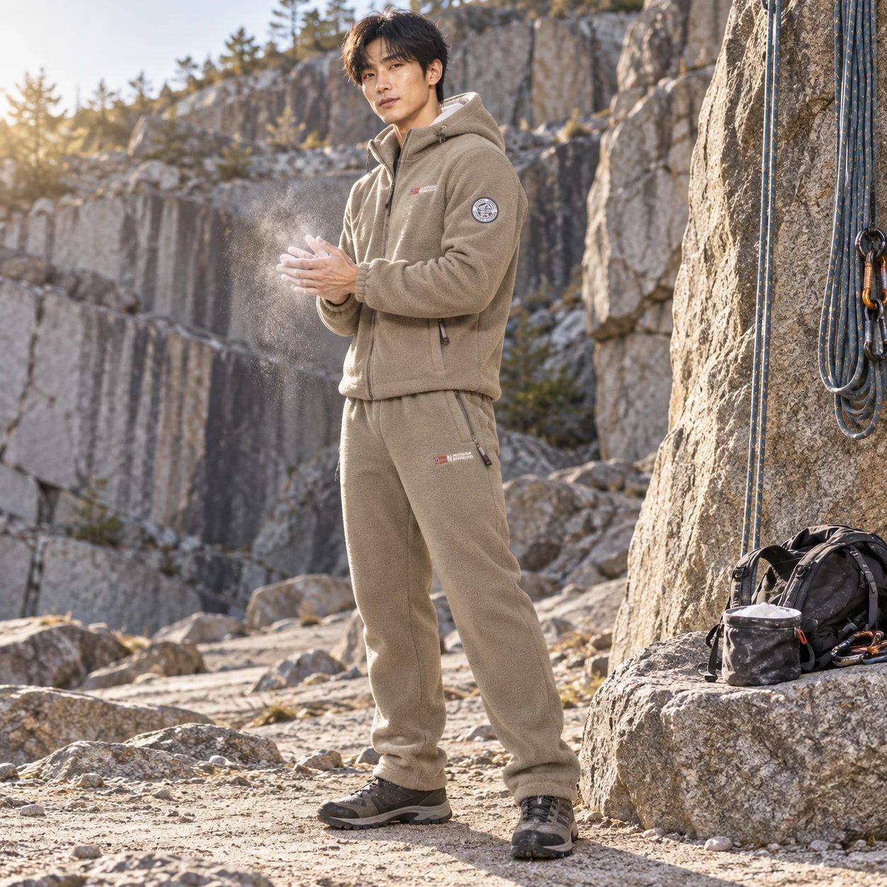 Outdoor Hiking Winter Sports Wear Men Retro Training Thick Fleece Jacket + Pants Two Piece Set Casual Ski Running Tracksuit Suit