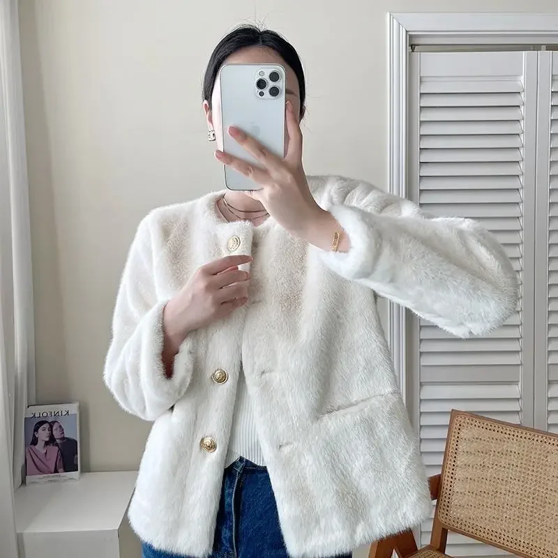 Temperamental Women Short Imitated Mink Fur Coat Female Simple Casual Solid Color Faux Fur Outwear Fashion O-neck Outcoat 2024