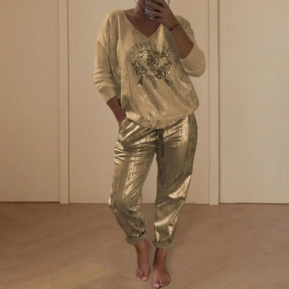 Devil Eye Bronzing Pattern Suit Eye Print V Neck Top Pants Set Loose Bronzing T-shirt Trousers for Women 2 Pcs/set Women Wide