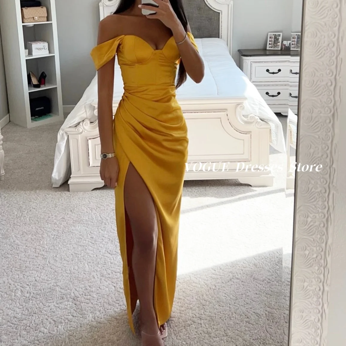 

Luxury Gold Satin Mermaid Prom Dresses Chic Slit Evening Dresses vestidos de gala elegant dresses women 2024 Customized