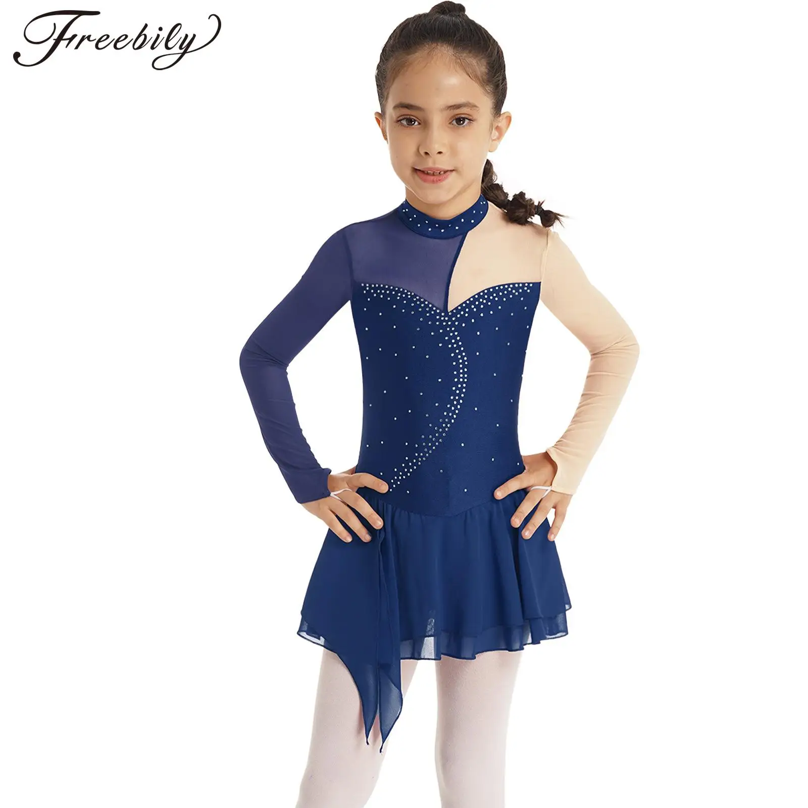 

Kids Girls Ballet Dance Gymnastics Leotard Dress Long Sleeve Rhinestone Figure Skating Performance Costume Dancewear
