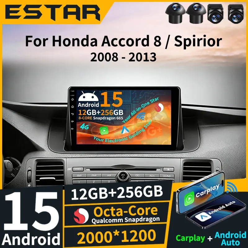 Radio para Auto Android 15 para Honda Accord 8 / Spirior 2008-2013, Carplay Inalámbrico, Auto DTS Estéreo, Cámara 360, Pantalla 2K, Octa Core, BT