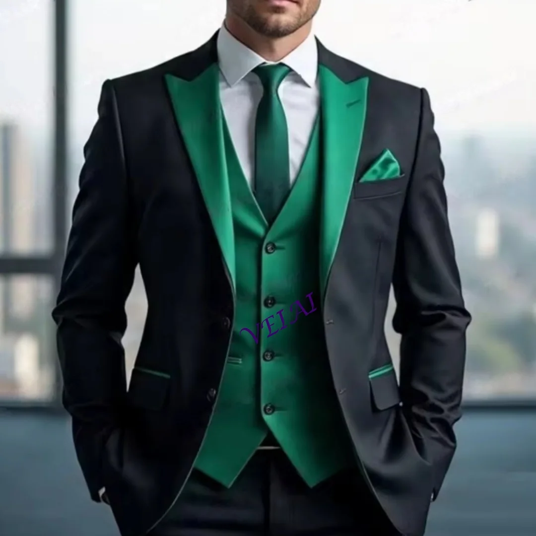 

Мужской костюм черного и зеленого цвета на заказ для торжественных мероприятий, свадеб, выпускных вечеров, для жениха и шафера, комплект из 3 предметов: пиджак, жилет, брюки