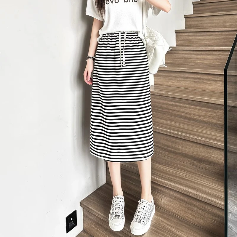

Summer Thin High Waist Stripe A-Line Midi Casual Split Women's Skirt Bunny Fairy Commute Korean Sle Mid-Length Skirt