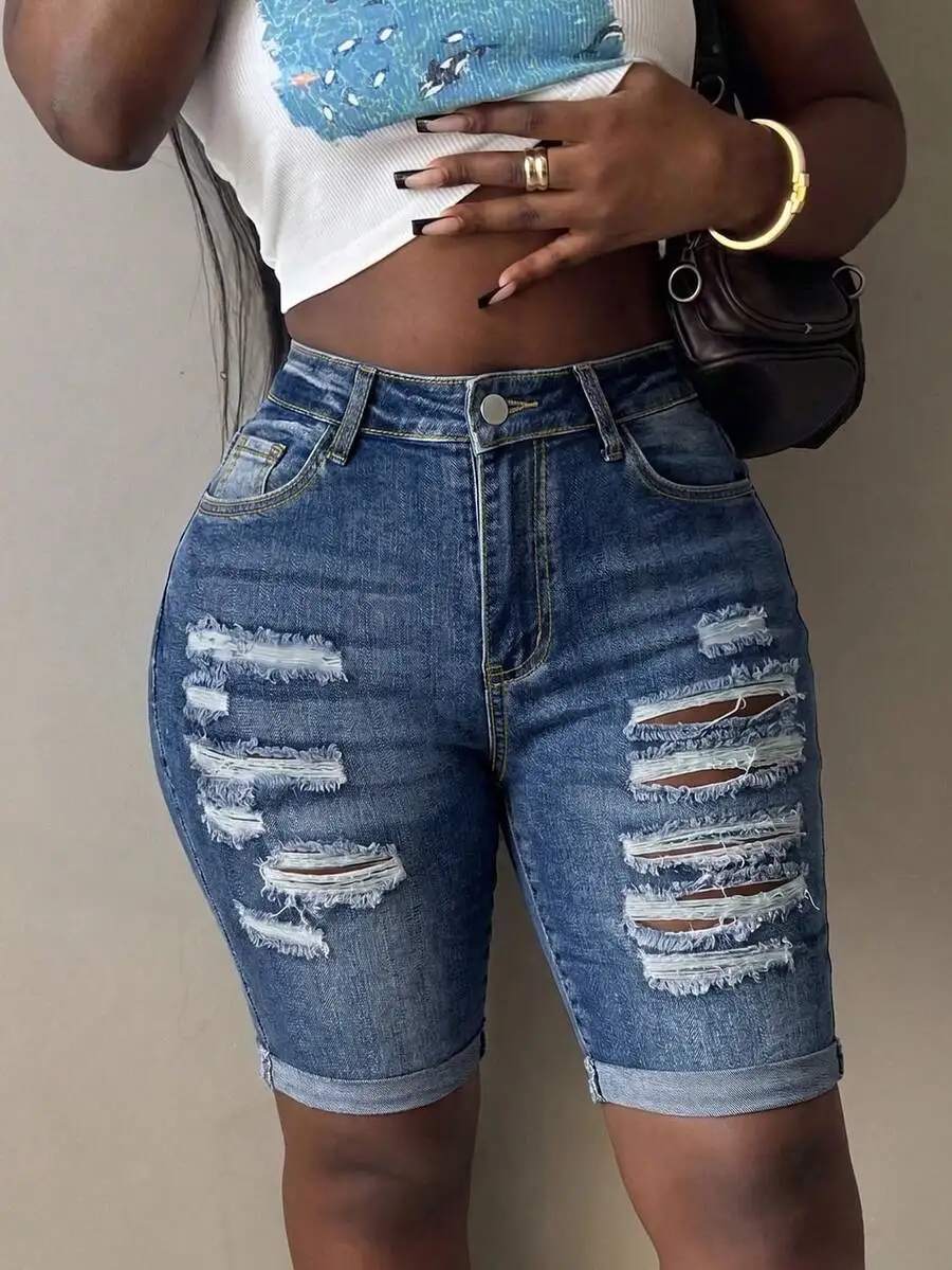 

Womens Distressed Blue Denim Shorts With Button Closure Medium Stretch Straight Leg