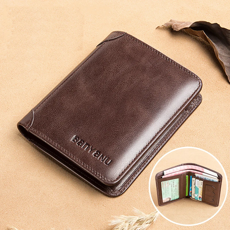 Men Wallet Genuine Leather Rfid Blocking Double Wallet Vintage Thin Short Multi Function ID Credit Card Holder Male Purse Money