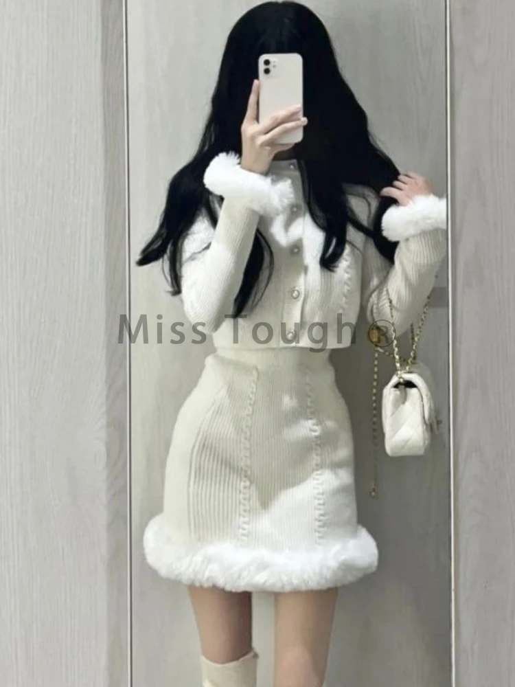 White Sweet Kawaii Two Piece Set Women Korean Fashion Party Mini Skirt Set Female Vintage Elegant Slim Skirt Suit 2023 Autumn