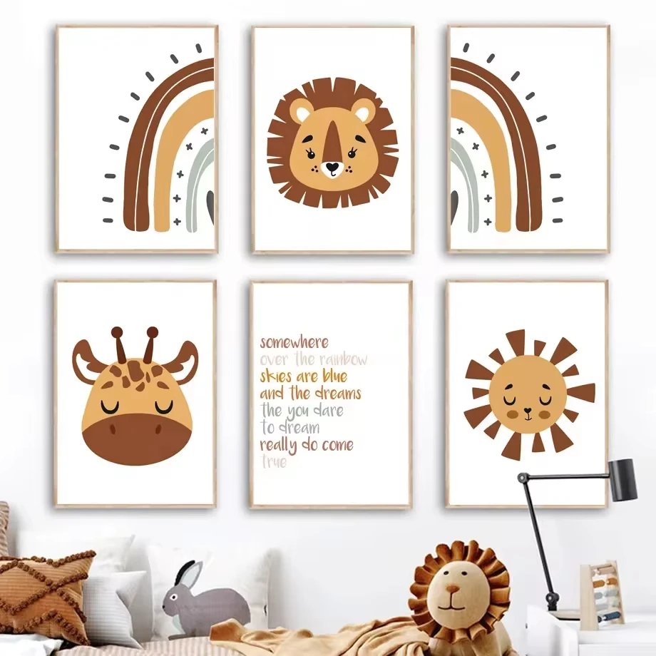 Boho Cartoon Animal Lion Giraffe Sun Wall Art Canvas Painting Nursery Posters And Prints Wall Pictures Baby Room Home Decoration