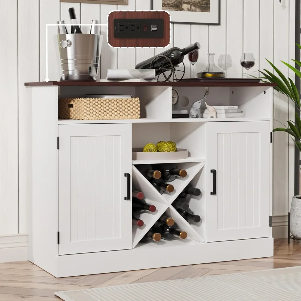 

Farmhouse Coffee Bar Cabinet with Prower Outlets, Rustic Liquor Cabinet with Wine Rack, Wooden Wine Cabinet for Dining Room & Li