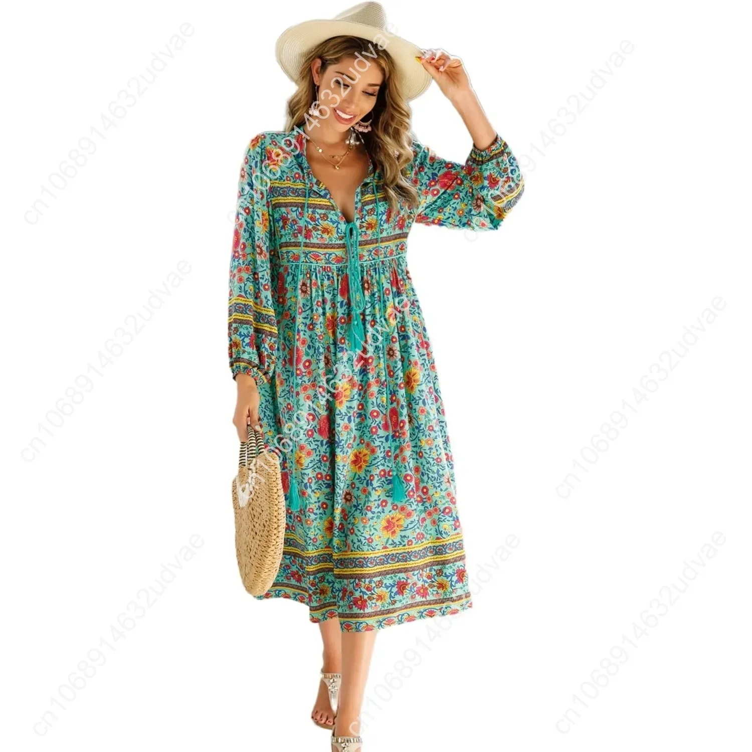 

Women's Long Sleeve Floral Print Retro V Neck Tassel Bohemian Midi Dresses