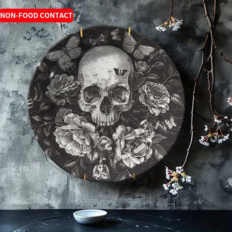 1pcGothic Style Ceramic Decorative Plate Skull and Roses Round Wall Art Display Non-Food Contact Home DecorFor home, living
