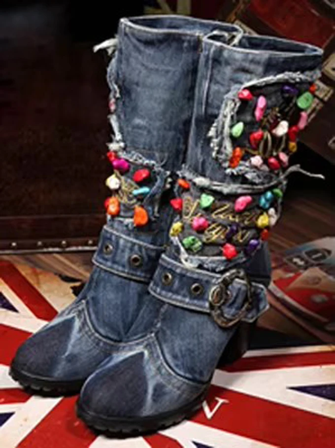 Girl's Bohemia Multi Beads Sewed Crystal Denim Mid Boots Winter Botas Women Metal Buckle Chunky Heels Cowboy Boots