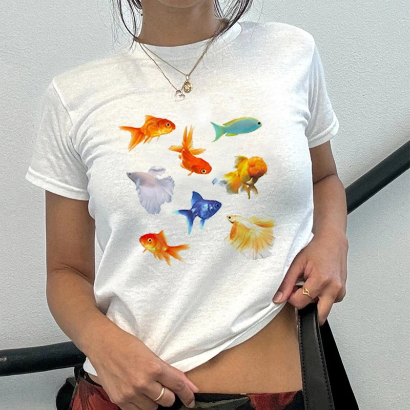 

Gothic women's slim fit with exposed navel, sexy and quirky 2000s Emo Girls Y2k fashionable Goldfish Print baby T-shirt