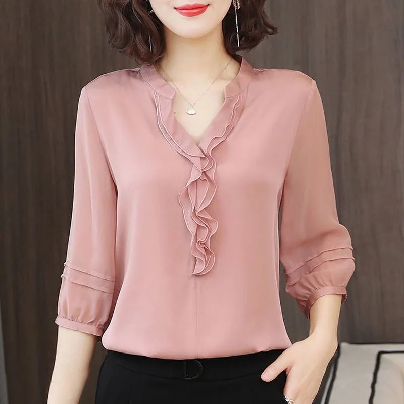 Women Spring Summer Style Blouses Shirts Lady Casual Three Quarter Sleeve V-Neck Ruffles decor Blusas Tops DF3732