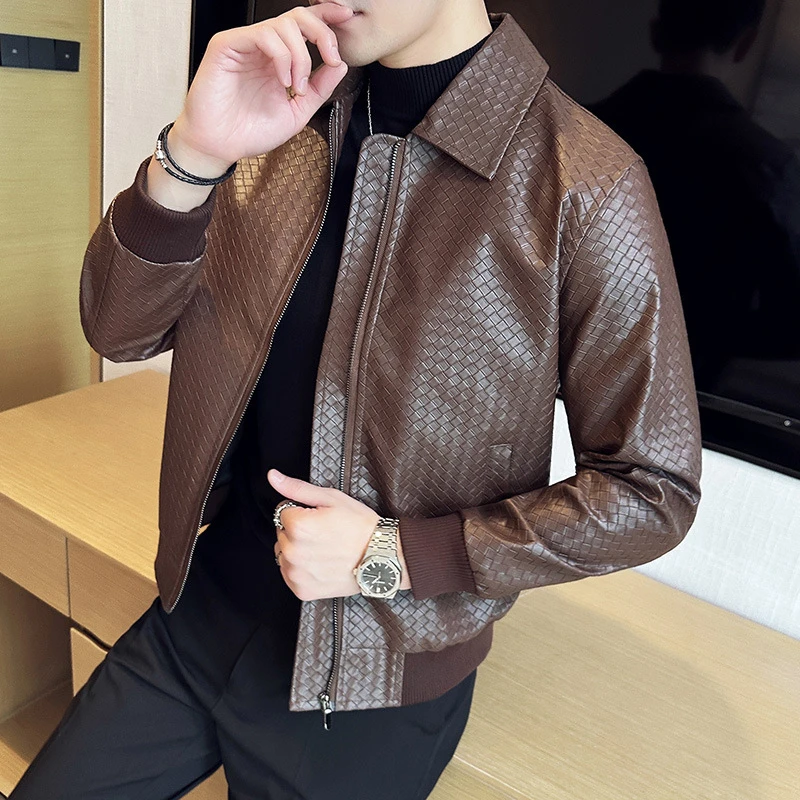 High Quality Woven Leather Jacket for Men Autumn Winter Lapel Casual Business Motorcycle Jacket Streetwear Social Overcoat 2023