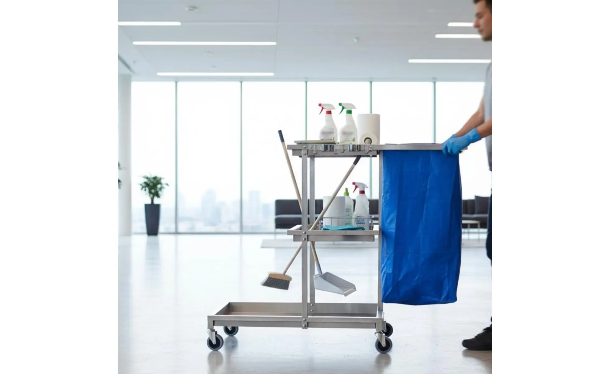 Hotel Linen Cart Braking Casters Stainless Steel Janitor Cart Business Cleaning Trolley with Bag Large Capacity for Hospital