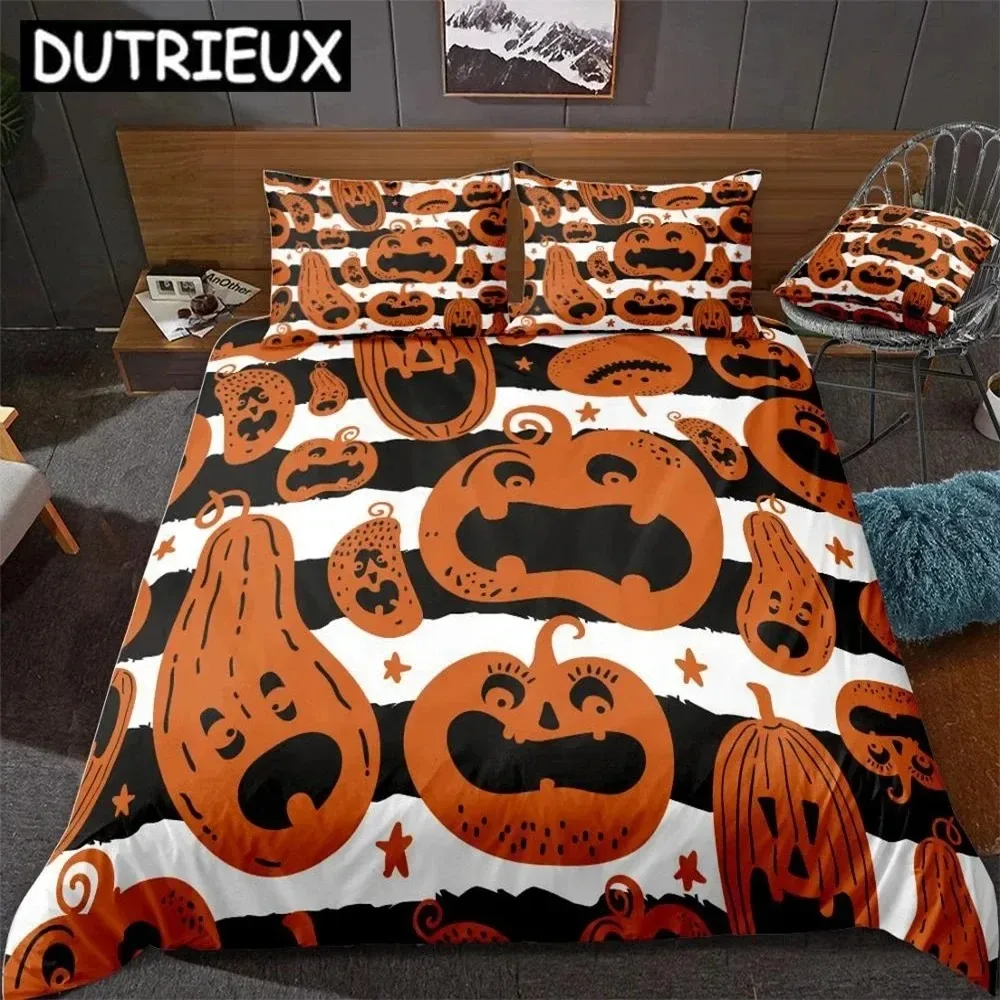 

Halloween Pumpki Duvet Cover Set Black And White Background Halloween Beds Set Home Textiles Microfiber For Boys Kids