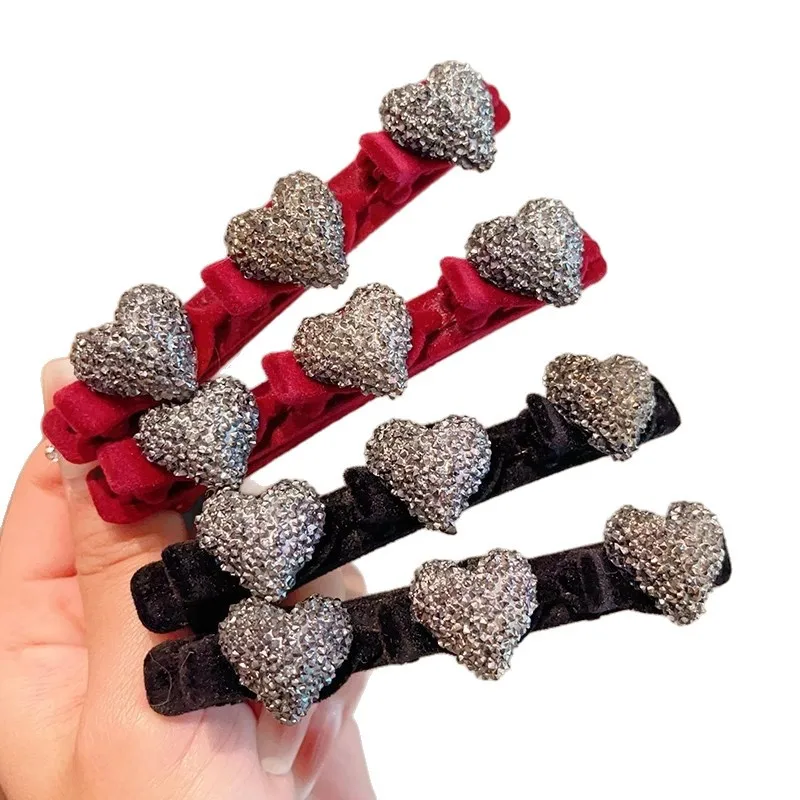 

Double Layer Flocked Bangs Side Clip Crystal Love Heart Hair Braiding Hairpins Women Girls Clip Bangs Barrettes Hair Accessories