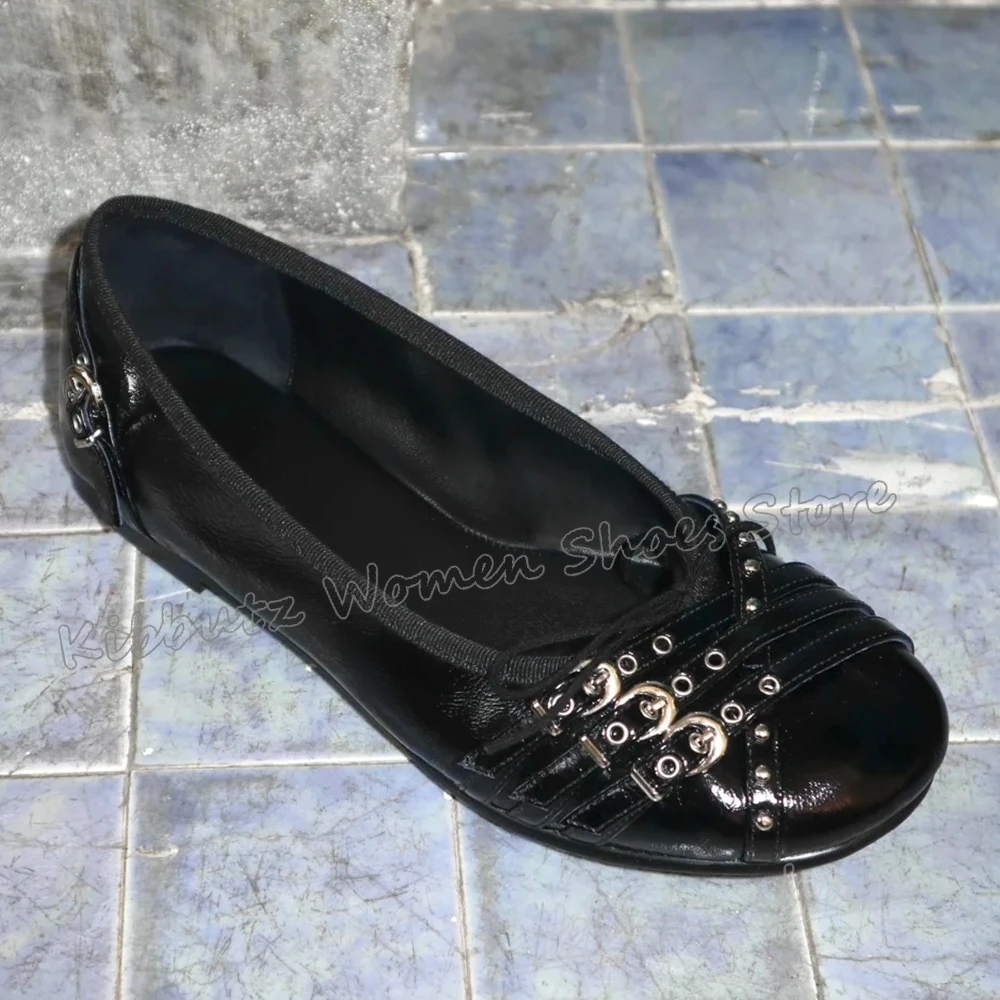 

Ballet Pumps Rivets Belt Buckle Gothic Punk Rock Cross Strap Slip-On Solid Color Leather Round Toe Flat with Women Shoes Newest