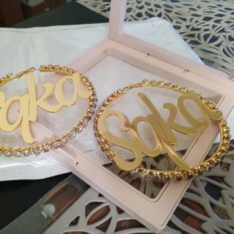 Hip-hop Style Colorful Zircon Name Earrings Custom Big Name Geometric Letter Earring 50-70mm Customized Hoops Earrings for Women