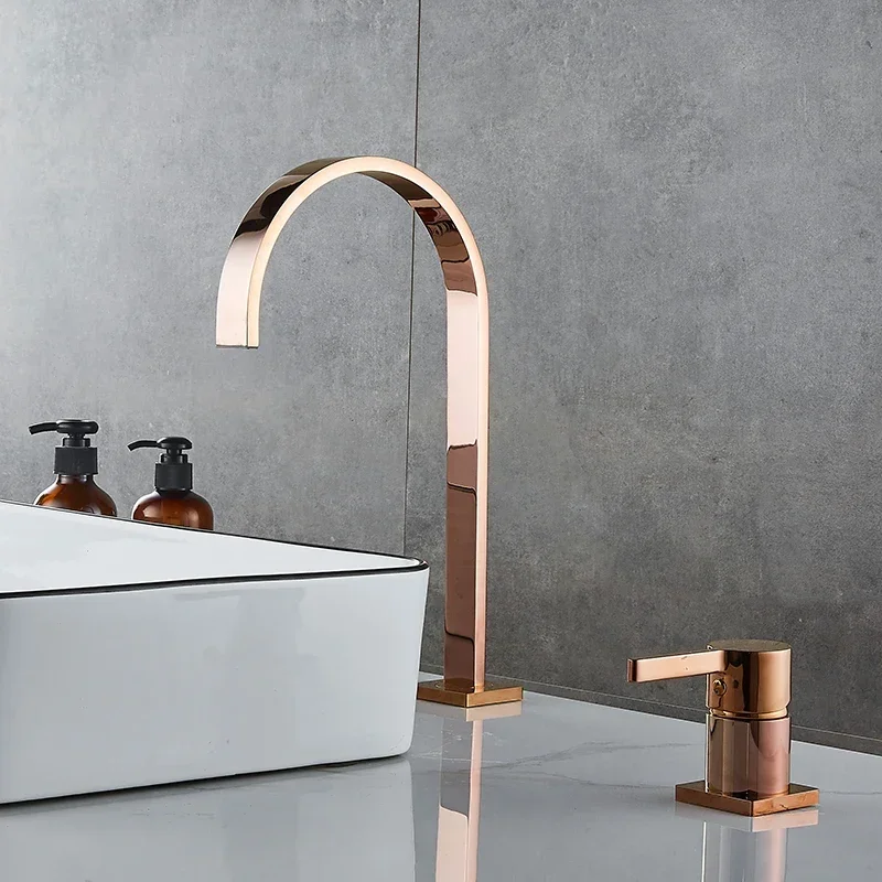 Basin faucet Bathroom super long pipe two holes Rose Gold Widespread bathroom faucet sink tap 360 rotating widespread basin Tap