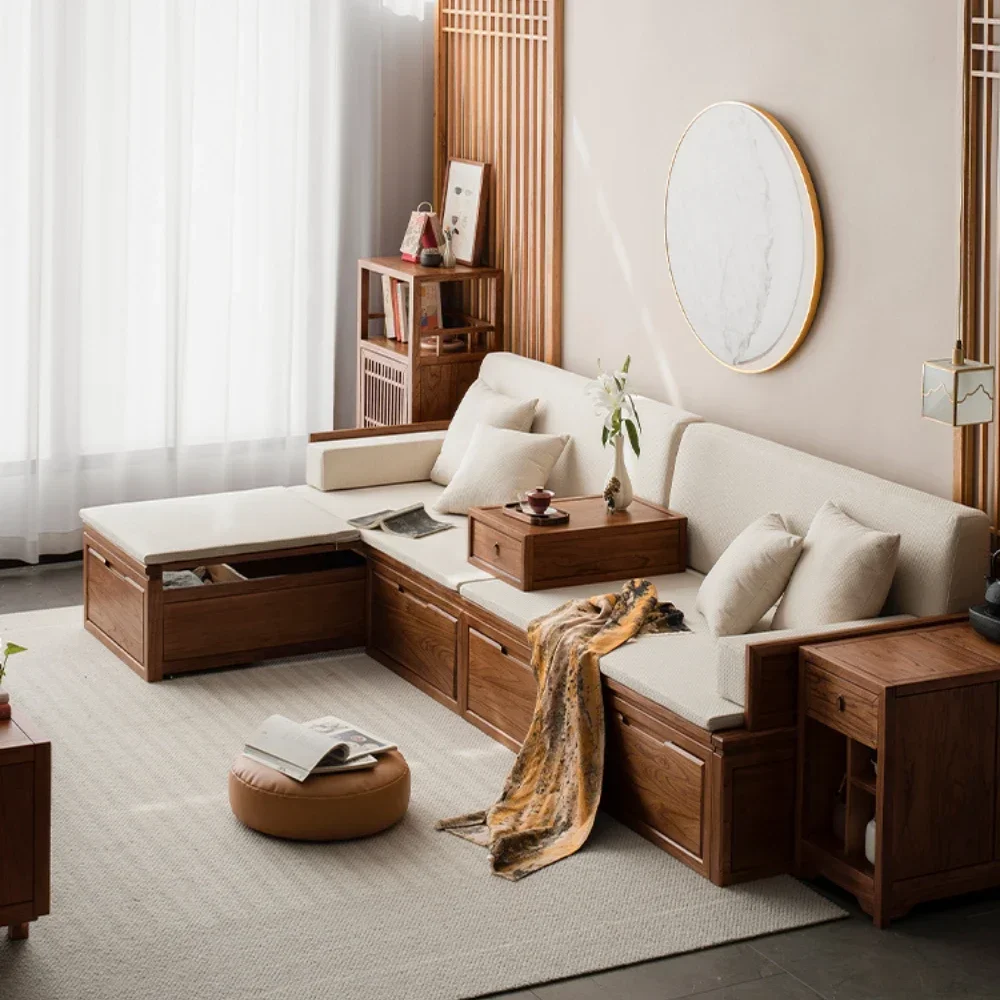 Sofá-cama push pull de madeira maciça, cama retrátil Zen do olmo, sofá-cama do armazenamento de canto