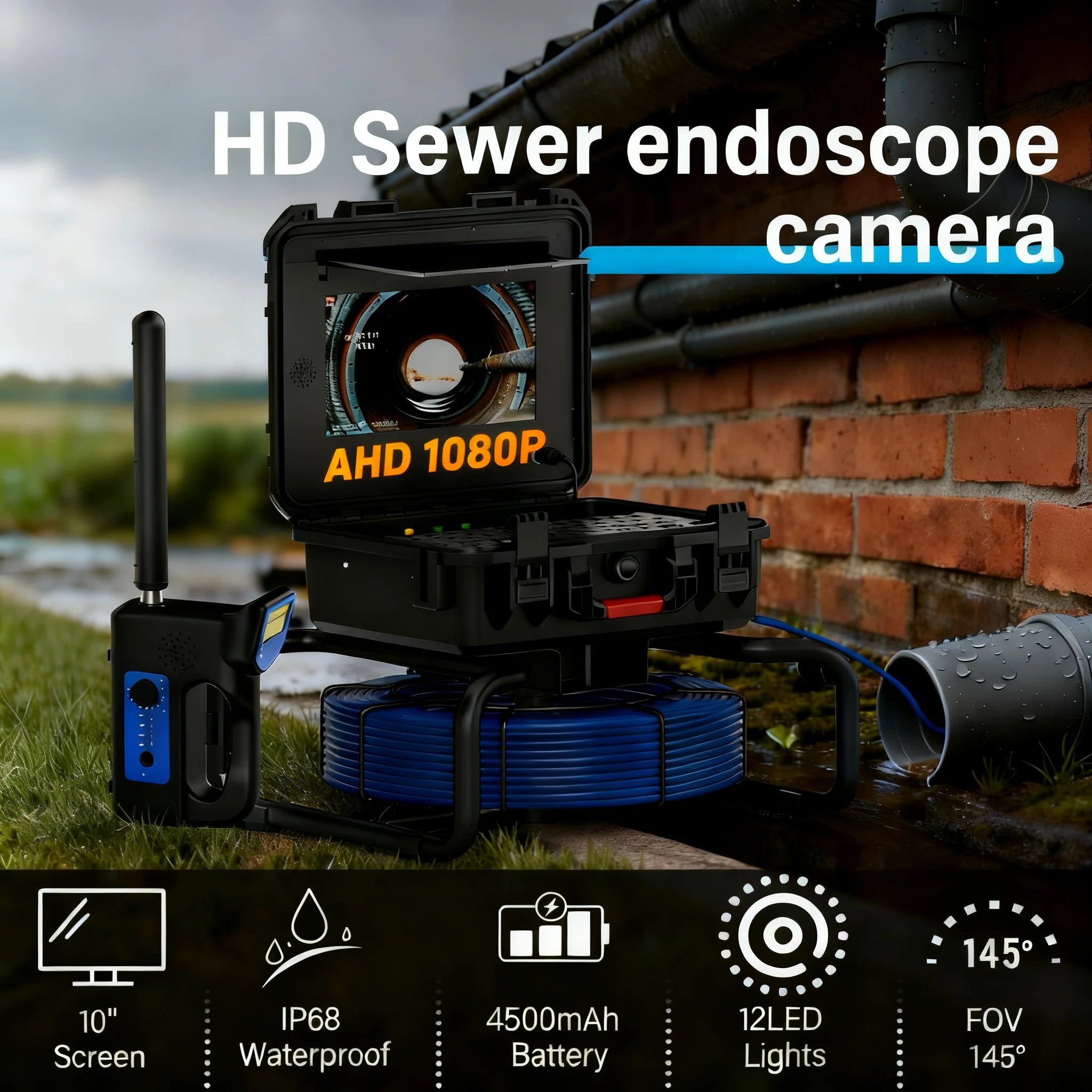 Водонепроницаемая канализационная эндоскопическая камера: AHD 1080P, аккумулятор 4500 мАч, управление клавиатурой, счетчик метров, высокоточный локатор 512 Гц