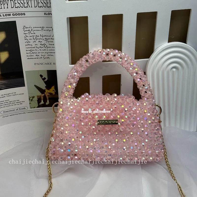 

Pink Sequin Beaded Clutch Bag With Chain Sparkly Evening Purse For Women Party Holiday Gift