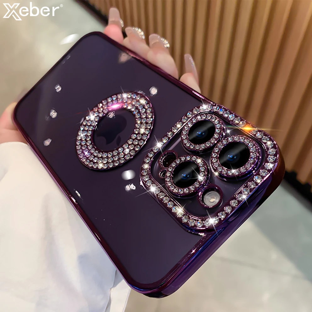 Luxury Plating Transparent Glitter Diamond Soft Silicone Case For iPhone 15 14 11 12 13 Pro Max Plus Logo Hole Rhinestones Cover