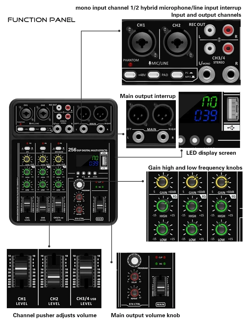 Audio Interface Mixer with Bluetooth USB Recording Computer 48V Phantom Power Delay Replay Effects, 4-Channel Audio Mixer ﻿ view 4