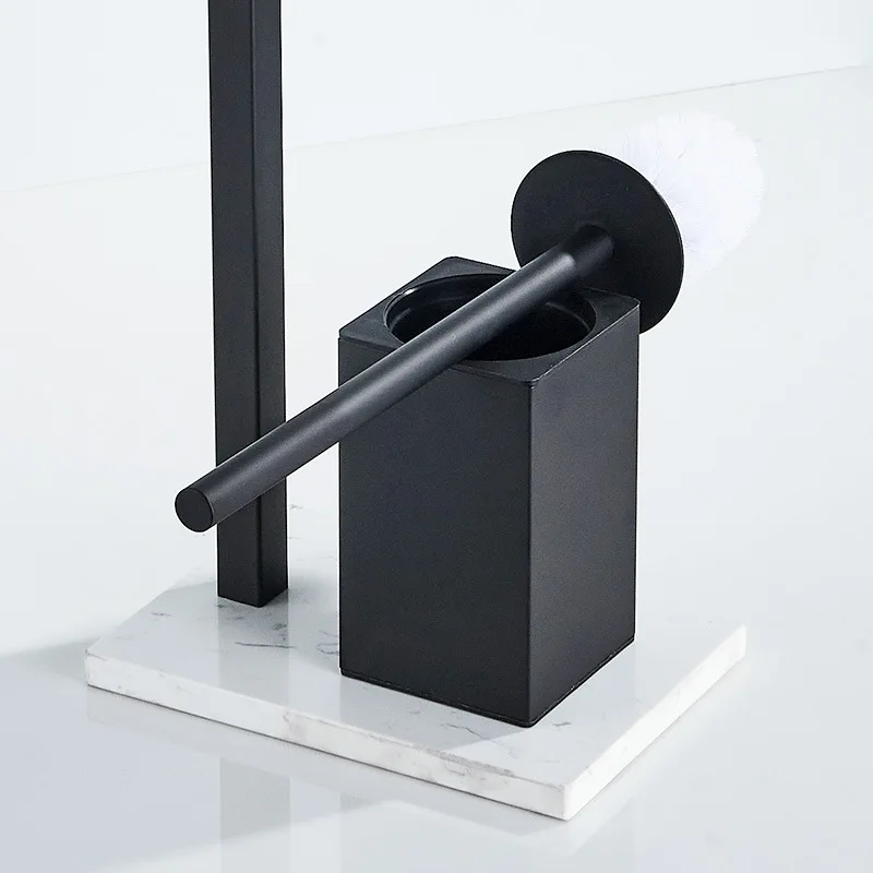 Stainless steel toilet brush with toilet paper holder Light luxury marble bathroom multi-functional storage rack black rotatable
