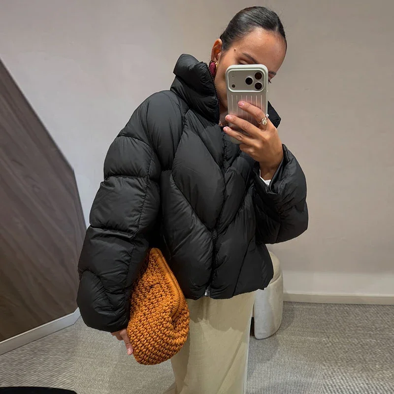 Kurzer Puffer-Wintermantel für Damen, Hochkragen, Gefütterte Jacke, Übergroße Puffige Reißverschlussjacke, Dick, Warm, Lässige Streetwear für Damen – Detail 14