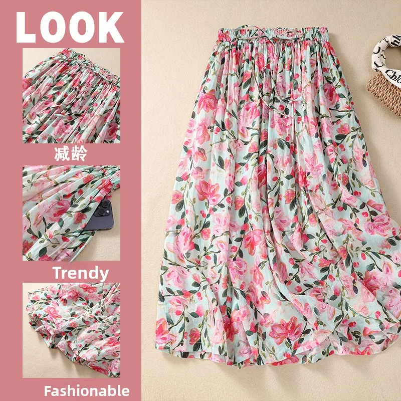 

Художественная хлопково-льняная юбка, женская юбка трапециевидной формы с высокой талией, плиссированная юбка-миди с цветочным принтом, модная юбка-миди для поездок на работу
