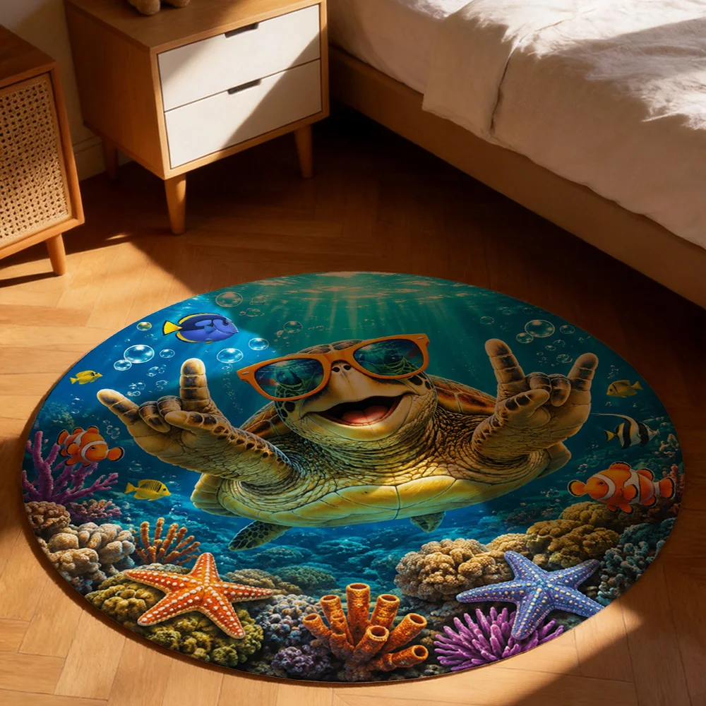 Tropical Ocean Life Round Area Rug Cute Sea Turtle Diving with Sunglasses Beach Mat for Bathroom or Living Room Decor