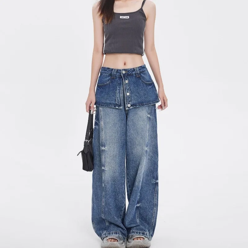 

Retro Blue Fake Two-piece Stacked Butt Curtain Jeans for Women Early Autumn New Style Loose Slimming Fashion Style Pant