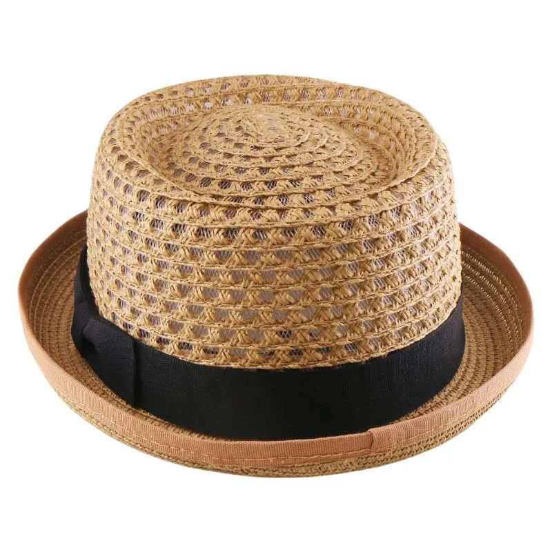 Summer Retro Panama Straw Hat for Men Women Hollow Paper Braid Pork Pie Short Curved Brim Boater Hat Beach Sun Protection