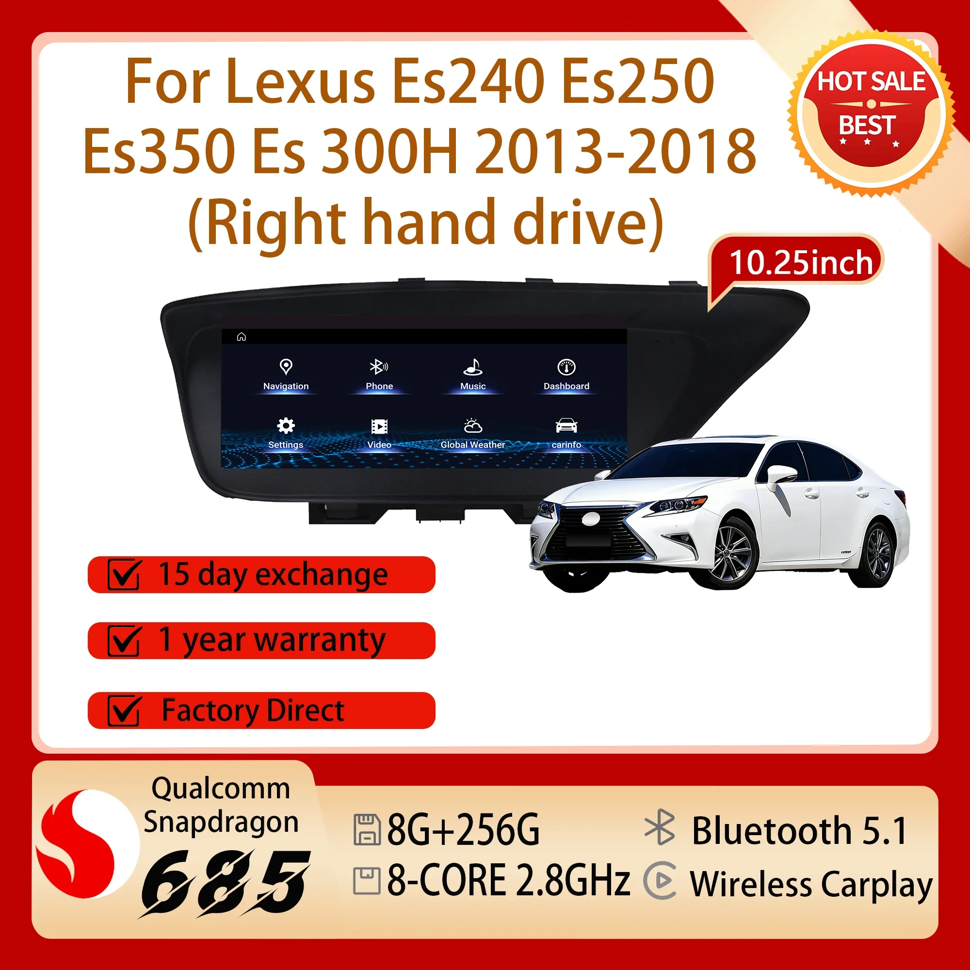 10.25'' Right Hand Drive For Lexus Es240 Es250 Es350 Es 300H 2013-2018 Carplay Car Radio Snapdragon 685 Android 14 Split Screen