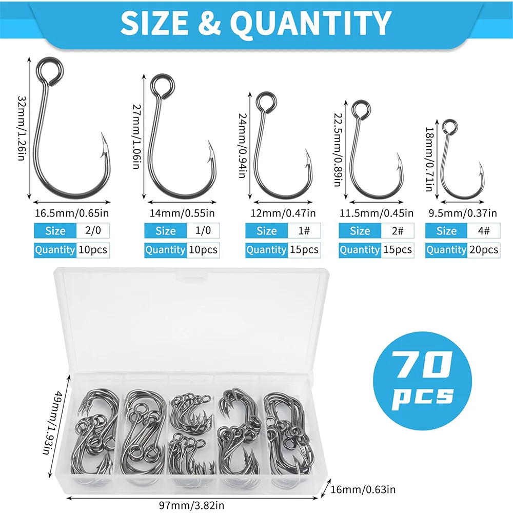 70Pcs Fishing Inline Single Hooks Single Replacement Hooks for Hard Lures Circle Large Eye Single Bait Hooks for Bass Trout Lure