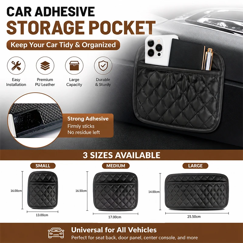 Multi-Scene Paste-On Auto Storage Bag, Premium PU Leather In-Car Organizer, No-Drill Vehicle Small Item Holder