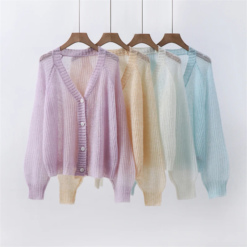 Early spring and early autumn thin mohair knitted cardigan wool shell button top slightly transparent cover