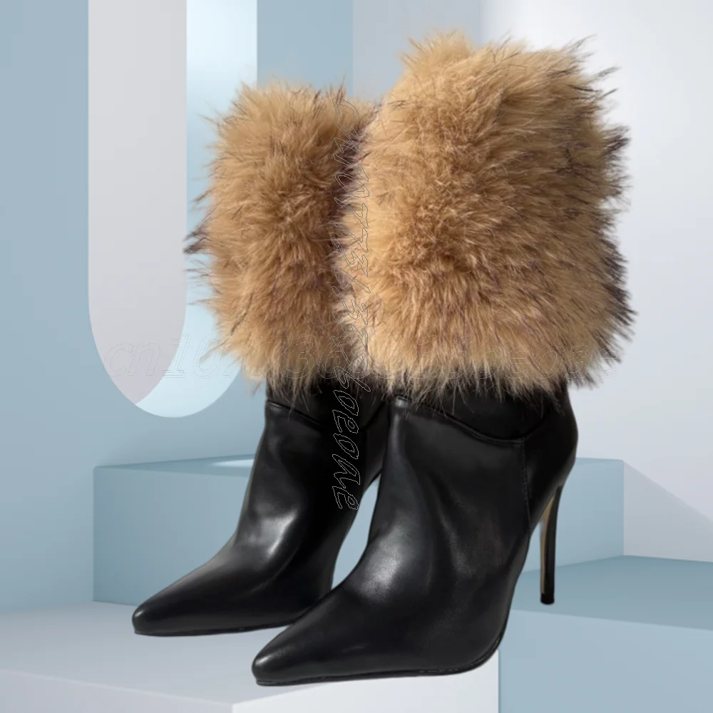 

Brown Furry Ankle Boots Pointed Toe Fashion Women's Shoes Winter High Heels Black Matte Leather Shoes 2025 Zapatos Para Mujere