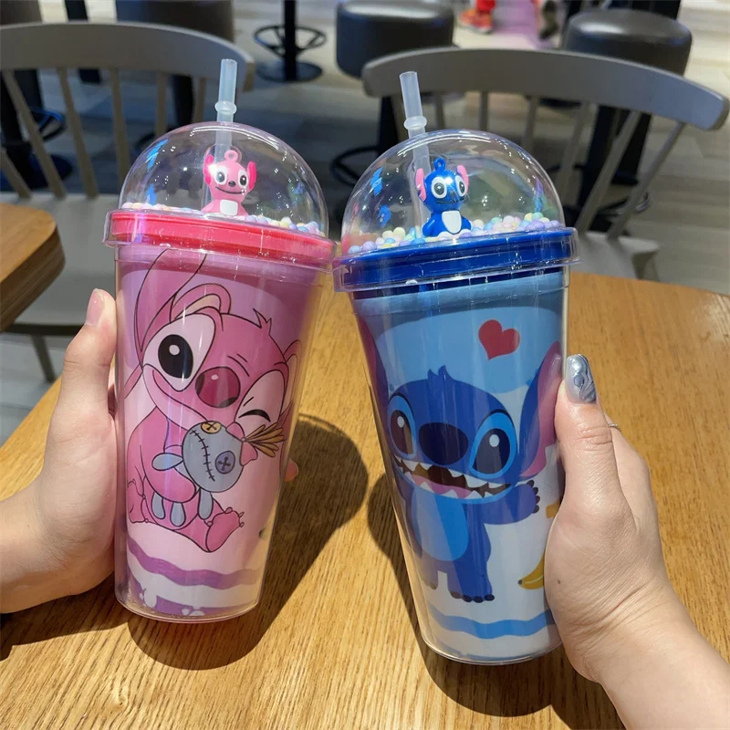 450ml Sitch Double Layered Straw Cup Lilo Stitch Angel Portable Beverage Cup Water Bottles Party Supplies Kid student Gif