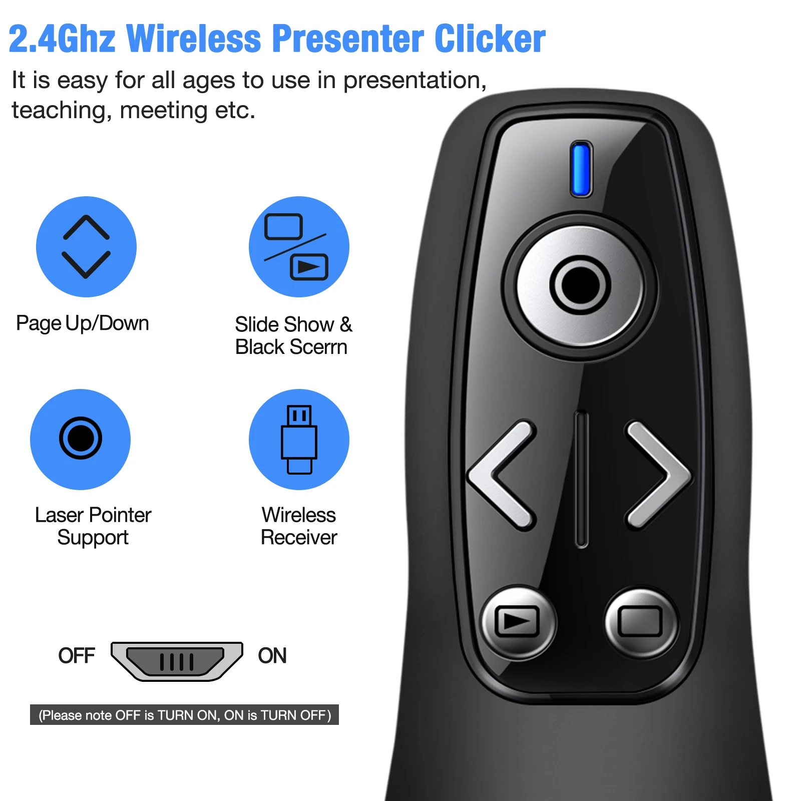 Presentatore Wireless RF ricaricabile puntatore a luce rossa RF 2.4GHz PowerPoint Clicker per PC Mac/presentazione PPT/Android